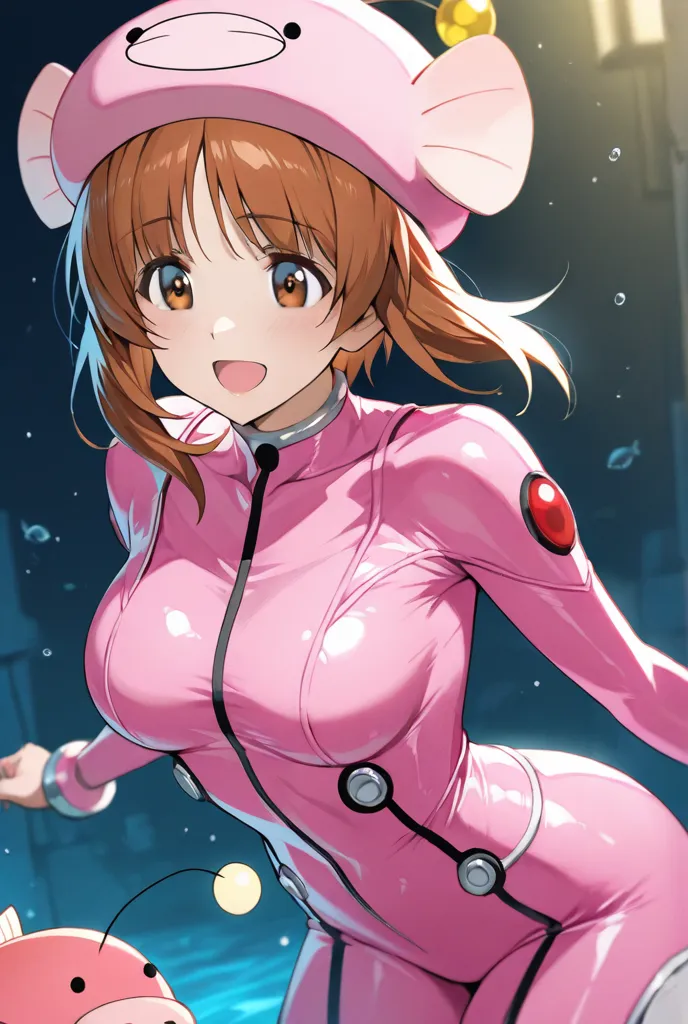 nishizumi miho,anglerfish,pink bodysuit,pink headwear,monkfish,1girl,solo,