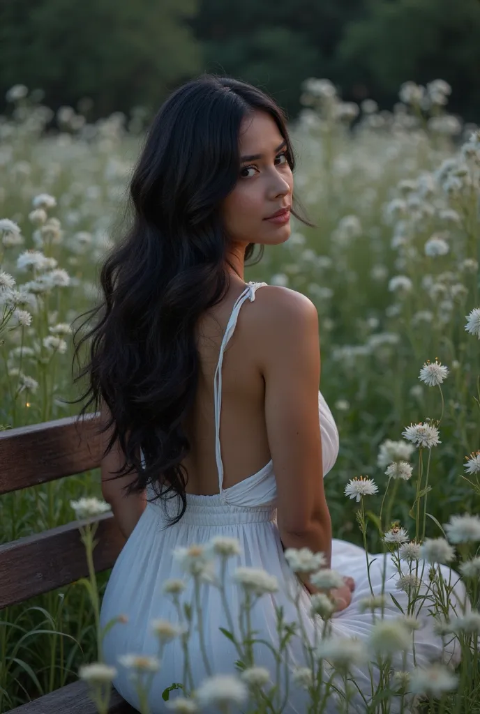 Create an original influencer with long black hair,  española,  32 years old, light brown eyes athletic build, dressed in a white dress. Sitting on a wooden bench in the middle of a large garden full of white flowers, scene illuminated only by moonlight, s...