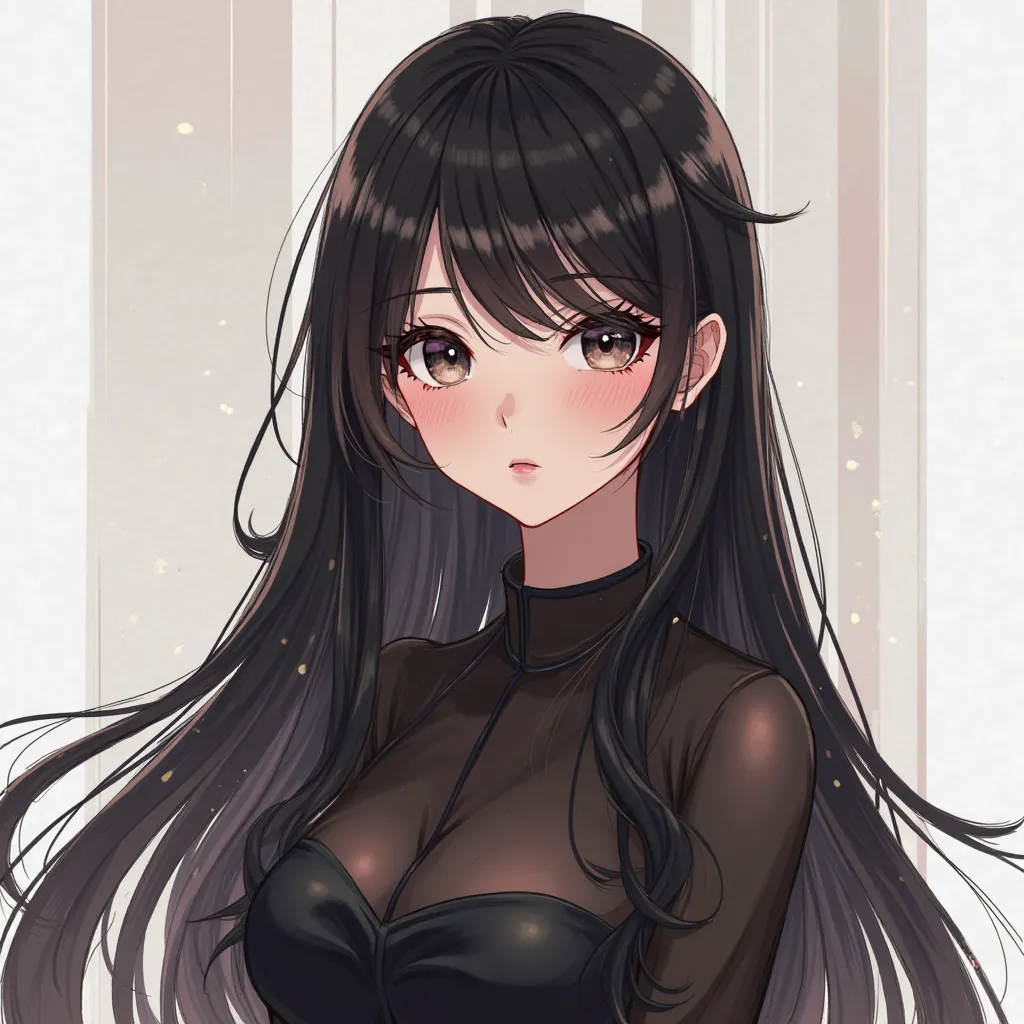 Create anime for girls Black hair long hair, nice hush cut haircut, sexy little black blouse, cute look, anime stripe style