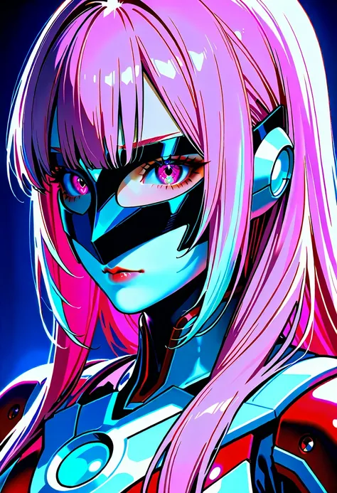 1 female, long hair, pink hair with white highlights, pink eyes, beautiful face, wearing a black mask, wearing a white Ultraman armor.