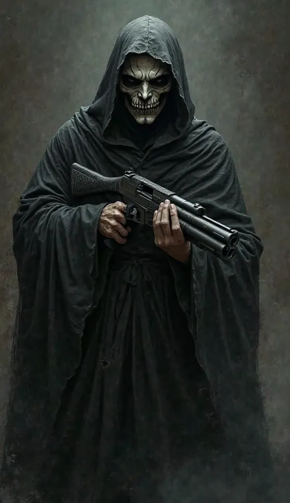 A man in a black robe and his hair and skull makeup on his face all brushed back and with a shotgun in his hand 