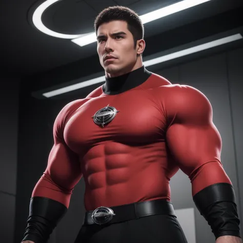 Super muscular man,  Open mouth hypnotized stare，mindless stare, Buzz Cut，on the Starship Enterprise, Wear a long-sleeved red and black collar tights that are tearing at the chest and biceps to expose sweaty skin, tearing out of his tights, sweating, Thick...