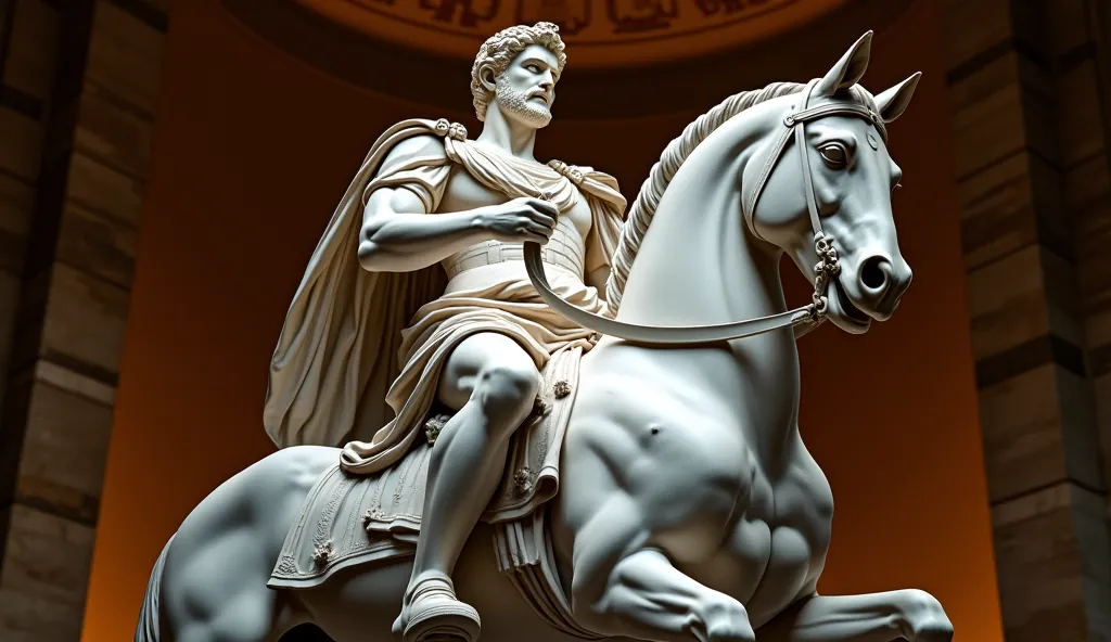 "White marble sculpture of Marcus Aurelius riding an imposing horse in majestic pose. His face reflects serenity and wisdom, while his right arm is extended in a gesture of leadership. The armor and tunic sculpted in great detail flow naturally. The backgr...