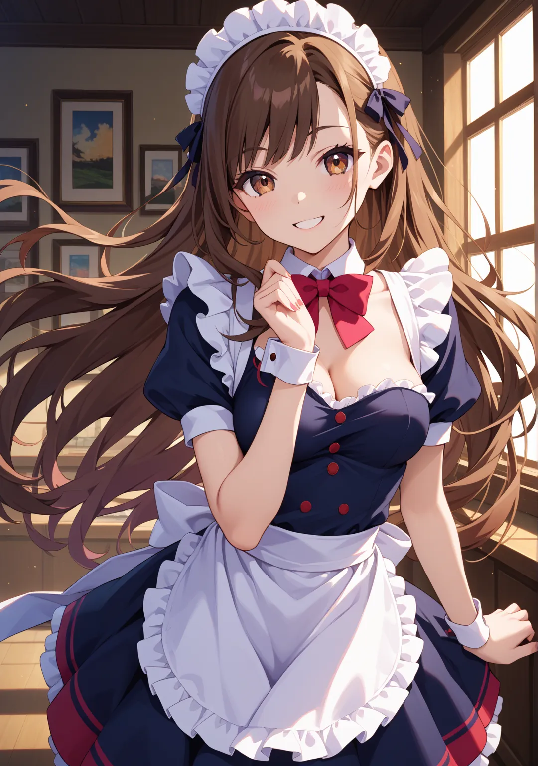 Akihabara,nsfw,maid clothes,one girl,long hair,straight hair ,brown hair,brown eyes,swept bangs,One breast is coming out,,{{{Akihabara}}},smile,fullbody