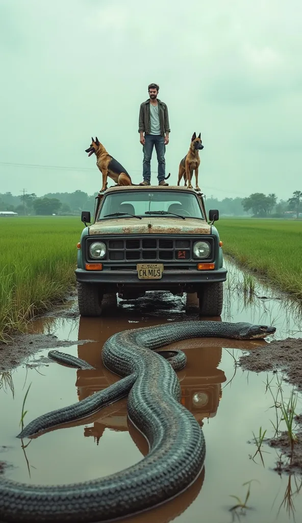 A highly realistic, unfiltered scene captured with a smartphone camera, featuring a vast rural field with a muddy, waterlogged terrain. A weathered pickup truck is parked in the middle of the field, surrounded by puddles reflecting the overcast sky and pat...