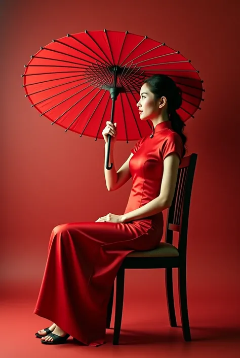 there is a person sitting on a chair with a red umbrella, a portrait inspired by the woman Ni Duan , tumblr ,  Symbolism , wearing a red  cheongsam,   wearing red dress  ,  traditional Chinese ,   Chinese Girl , in the style of lam manh, Ao Dai, Japanese g...