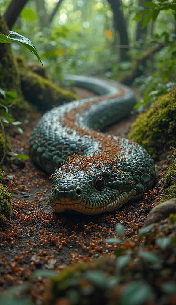 "Thousands of ants swarm and attack a giant anaconda in the dense jungle. The massive snake writhes and struggles as the tiny invaders cover its body. The lush green forest serves as a dramatic backdrop to this intense battle of nature."
