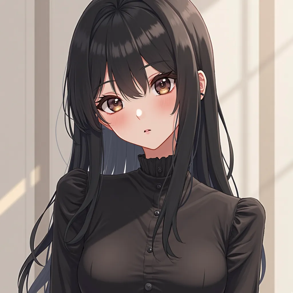 Create anime for girls Black hair long hair, nice hush cut haircut, sexy little black blouse, cute look, anime stripe style