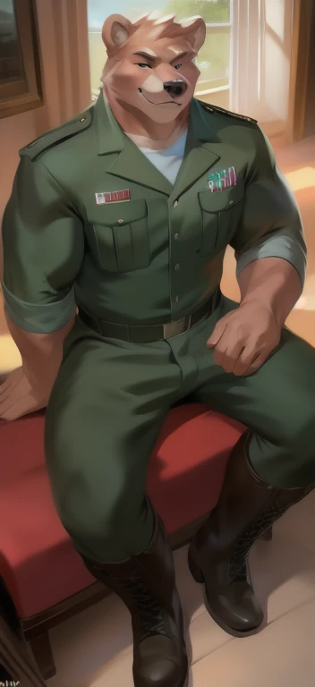  alone,  man big tall , Sitting inside ., in wardrobe ,pink​ bear  ,black Green military Army uniform ,  wearing boots ,  heavy overload,  muscle,  smirking , by chunie 