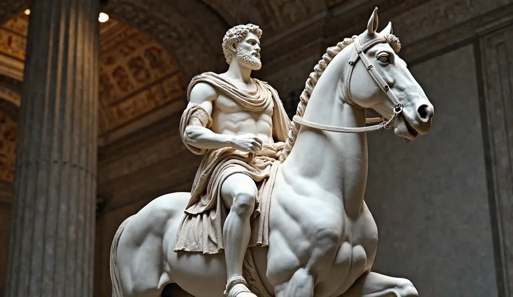 "White marble sculpture of Marcus Aurelius on his horse, with his gaze fixed on the horizon as a symbol of vision and leadership. His toga falls with realistic folds, and his left hand holds the reins firmly. The horse is precisely carved, showing powerful...