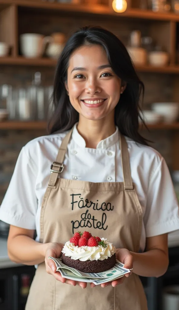 Make a 44-year-old woman have black hair and brown eyes 
Pastry chef smiley with cake in her hand on the other several money bills she must have an apron written on Fábrica do Pastel realistic image of a pastry background 