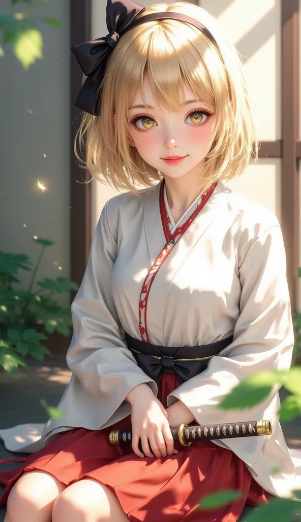 masterpiece, best quality, amazing quality, very aesthetic, light particles, scenery, ultra detailed, masterpiece \(quality\), BREAK, 1girl, solo, okita souji \(fate\), japanese clothes, weapon, one eye closed, sword, blonde hair, kimono, open mouth, ahoge...