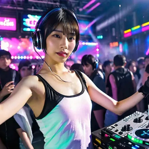 japanese woman,  dj, with headphone, in the club,  kawaii, ((very short cut:1.2)), crowds around, ((cyber punk, lighting effects1.2)), white tanktop,  ((DJ, dancing, on the stage:1.3))