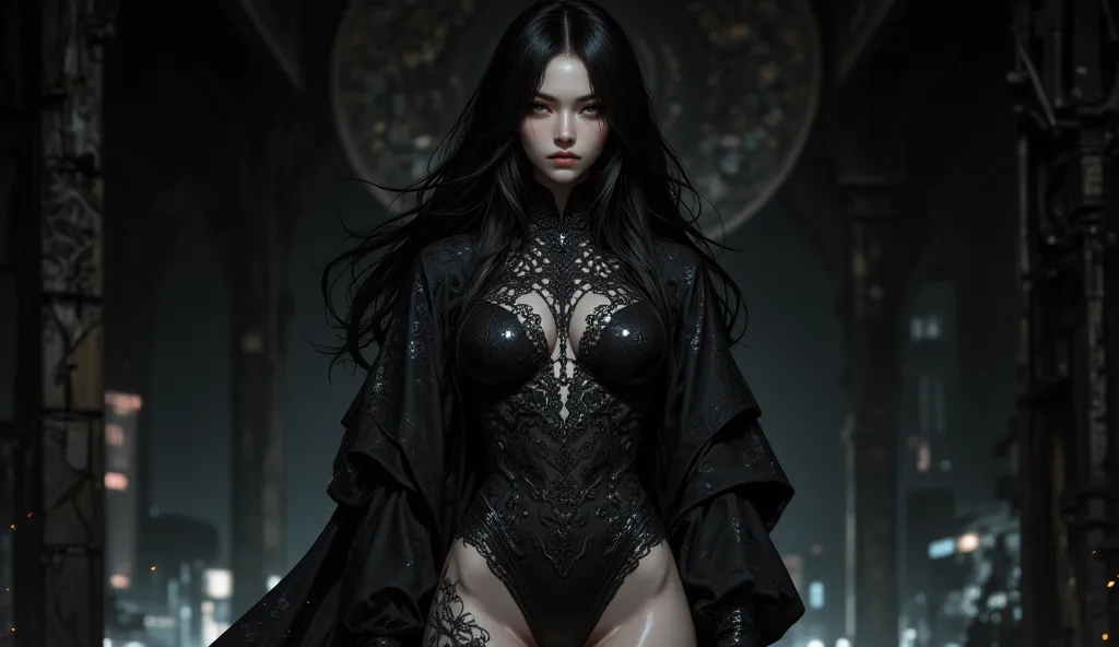 8k, Masterpiece, Top Quality, Three-quarter view,  long dark hair,  serious expression,  high cheekbones, dark eyes,  black lace bodysuit,  flowing robe, intricate floral patterns, slender body, pale skin, thigh tattoo, dark flowing design, dark moody back...