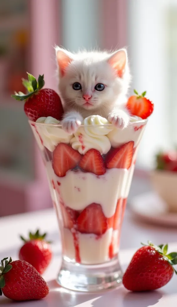 "A chubby baby kitten with white and soft pink fur, nestled inside a tall glass of strawberry parfait. The kitten is surrounded by layers of whipped cream, fresh strawberries, and a drizzle of sweet strawberry syrup. The background features a charming past...