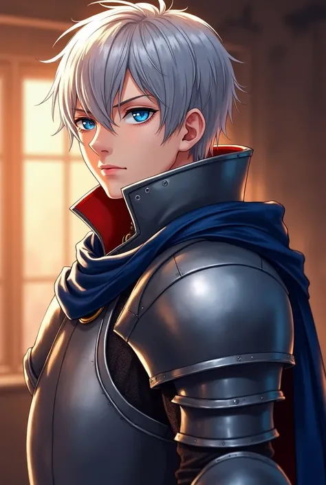 Solo, High Definition, Masterpiece, complete picture is anatomically correct, best quality,  short hair , Silver hair, Blue Eyes, shut your mouth,  serious face, Stare,, simple background,  Looking the Other Way, WEAR MEDIEVAL KNIGHTLY HEAVY ARMOR, A hands...