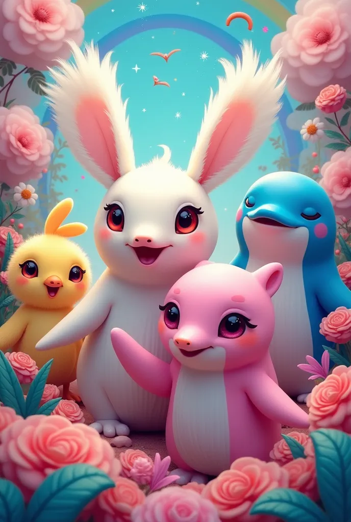 Make a selfie-style image showing an albino platypus, a light blue chick, a yellow rabbit and a pink dolphin 