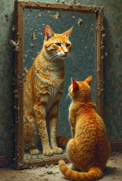 
7. The Predator’s Reflection

"A giant orange tabby cat sits in front of a cracked, dust-covered mirror, staring into his own golden eyes. His reflection flickers, showing glimpses of every creature he has devoured—a fox, a rabbit, a bird—blurring into hi...