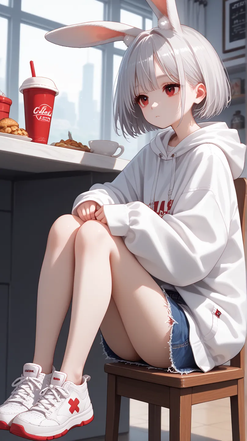 1 girl、masterpiece、Best Quality、uncorrected、anime touch、expressionless、chair、Cafe、 Silver Shorthair 、red eyes、 white hoodie、Rabbit mark、denim skirt、Sneakers