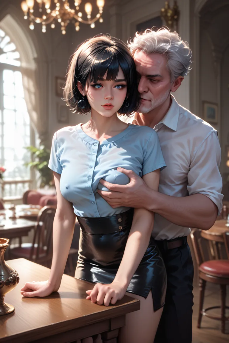 sarah: a woman with short black hair and bangs, light blue shirt and black skirt. cleaning table her ass groped by an ugly old man score_9, score_8_up, score_7_up,source_anime,
