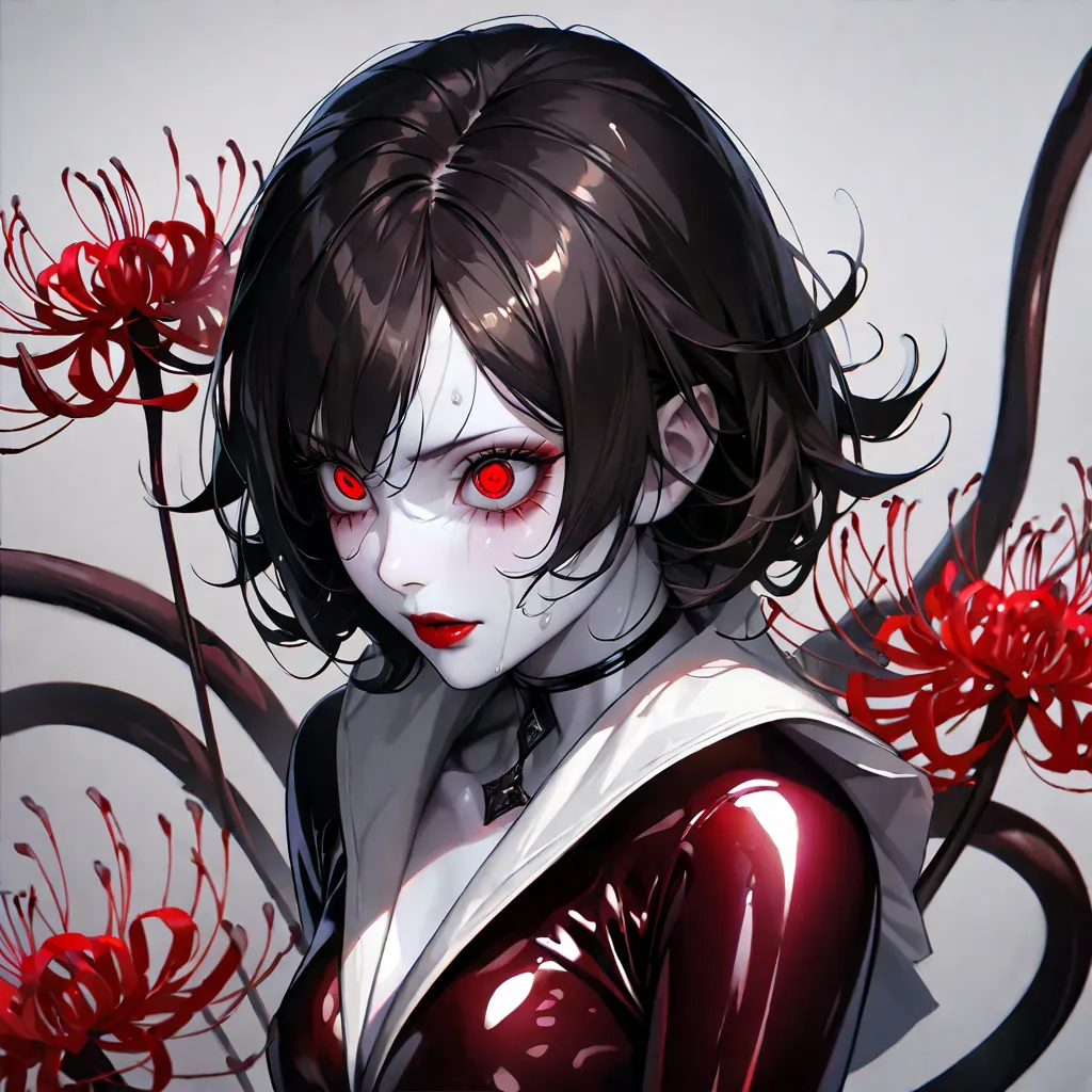 A young and beautiful woman ,Tokyo Ghoul's Rize(Best Quality,extremely detailed depiction,INCREDIBLY HIGH RESOLUTION,anatomically accurate depiction),( shiny skin,Porcelain Skin),(Female Vampire,  shiny latex ,4 Red Black Tails), eyelashes,sweat,(Red-black...