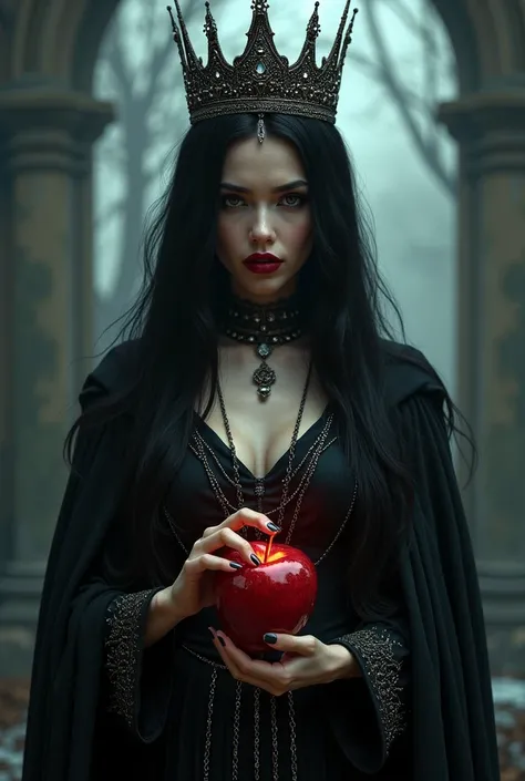  girl,long black hair，The Black Queen ，Accessories， apple in hand，Poison Apple，Witch Queen， Red Lipstick 