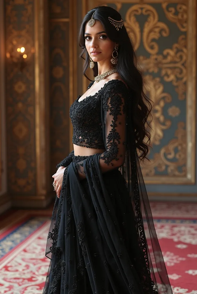 A cutest women white skin Pakistan beautiful cutest stylish women 20 years white beautiful skin and Black hair and Gold Head chain beautiful Black lehenga Full outfit Black wedding outfit  standing women cutest slippers realistic 8k uhd upscale realistic