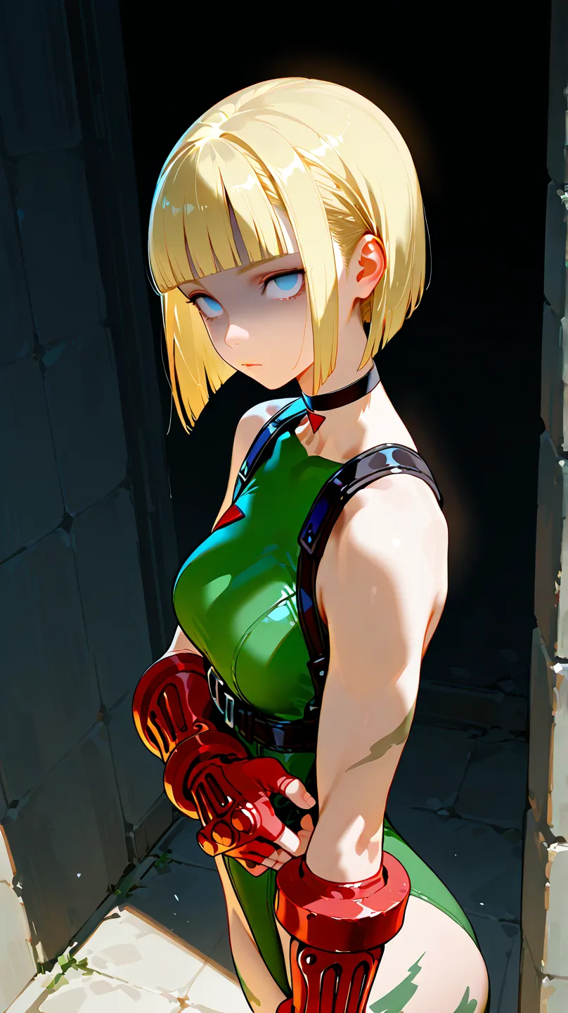 Cammy, neutral, expressionless, standing, looking at viewer, (((blunt cut, bob, blunt bangs, bob cut))), wiry, gloves, choker, body conscious, blonde hair,Shaded face, rolling eyes, no pupils, 1girl, solo,