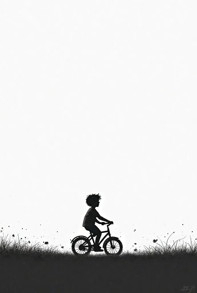 Unfilled drawing of a boy riding a bicycle in black and white sky 