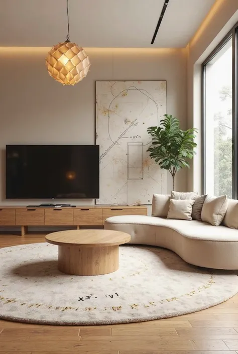 A modern minimalist living room with beige and cream tones. A semi-circular modular velvet sofa faces a curved wooden TV console. In the center, a round oak coffee table with tempered glass top sits on a large circular carpet with a subtle x² + y² = 1 equa...