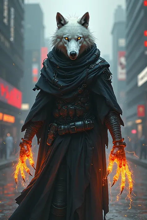 Cyberpunk human with the head of a white wolf with a black cloak and fiery claws
