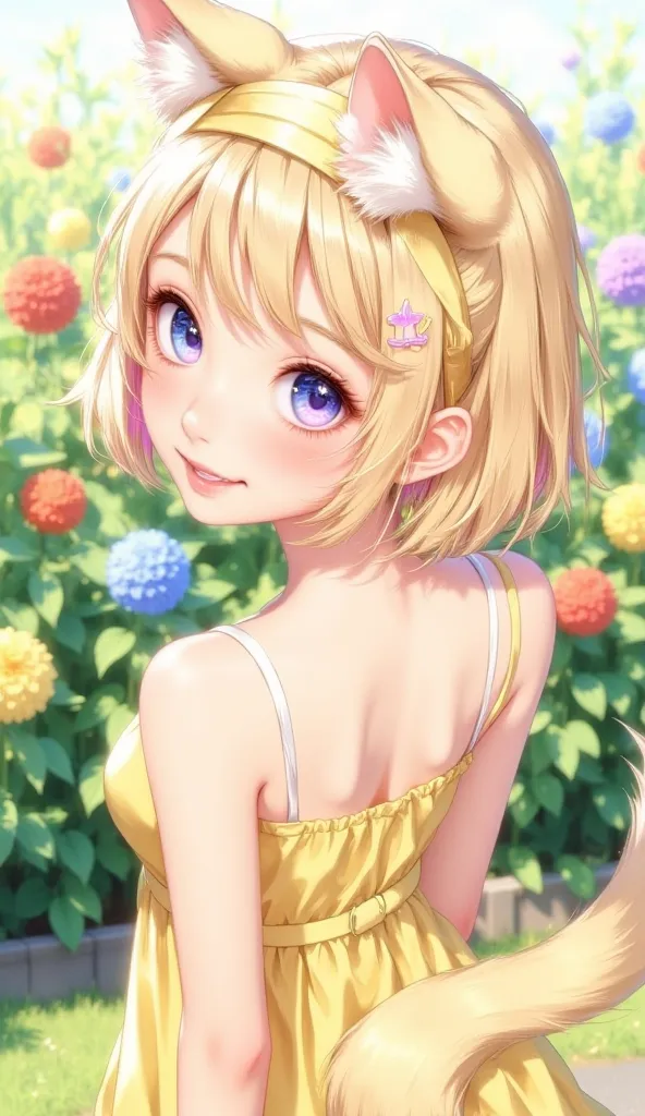 masterpiece, best quality, 1girl, solo, MoccAg, short hair, blonde hair, pink streaks, streaked hair, dog ears, hairband, hairclip, tail, realistic, from behind, outdoors, garden, flower, red flower, blue flower, purple flower, yellow flower, looking back,...