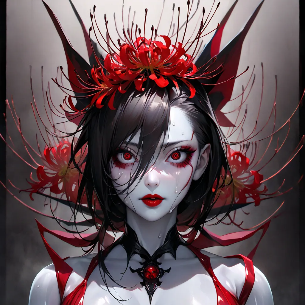 A young and beautiful woman ,Tokyo Ghoul's Rize(Best Quality,extremely detailed depiction,INCREDIBLY HIGH RESOLUTION,anatomically accurate depiction),( shiny skin,Porcelain Skin),(Female Vampire,  shiny latex ,4 Red Black Tails), eyelashes,sweat,(Red-black...