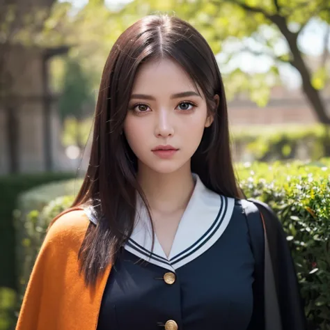  white girl with long black hair is wearing a military uniform,  Orange Cape , Big hazel eyes,  Science Fiction , Dark mood, 