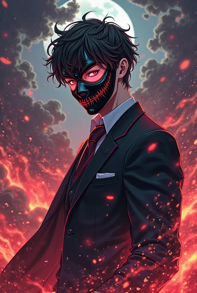 a Halloween anime handsome 18 year old guy with Halloween mask  powerful background