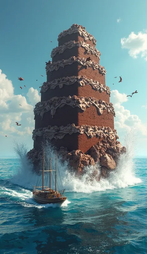 Make a giant chocolate cake showing your filling on top of the Mediterranean Sea colliding with a ship