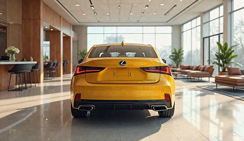 Create a hyper-realistic image of a 2025 Lexus IS in a luxury yellow color, shown from a rear angle view. The car should have a glossy, shiny finish, reflecting the ambient light of the showroom. Position the vehicle in a bright, sophisticated luxury showr...