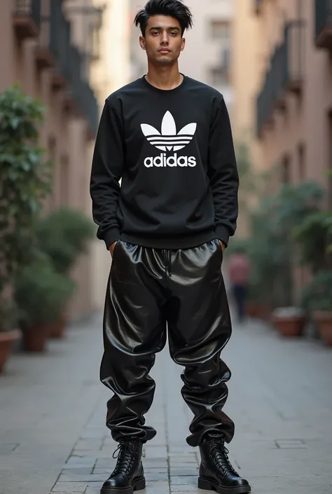 A Pakistan beautiful stylish cutest Man 20 years white skin and Black hair and black t shirt full sleeve black logo of adidas and black shining leather faux shining pants and black shining boots full outfits standing Man high quality 8k uhd upscale realist...