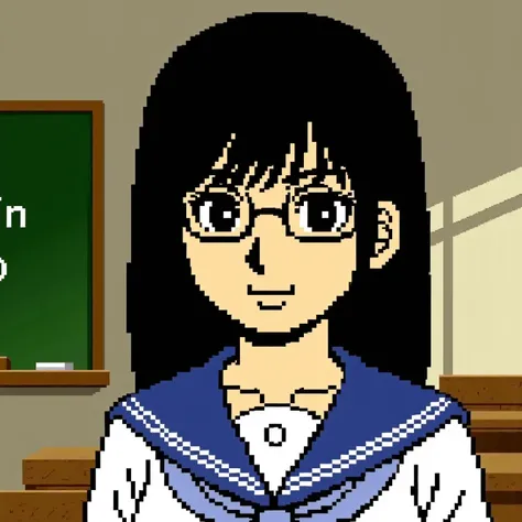 pixel art, pixel character, pixel_art character, girl, beautiful, looking at viewer, glasses, long hair, off-center part, black hair, black eyes, sailor uniform, schoolroom, chalkboard, "Rin" text on blackboard, Mysterious transfer student. fake screenshot...