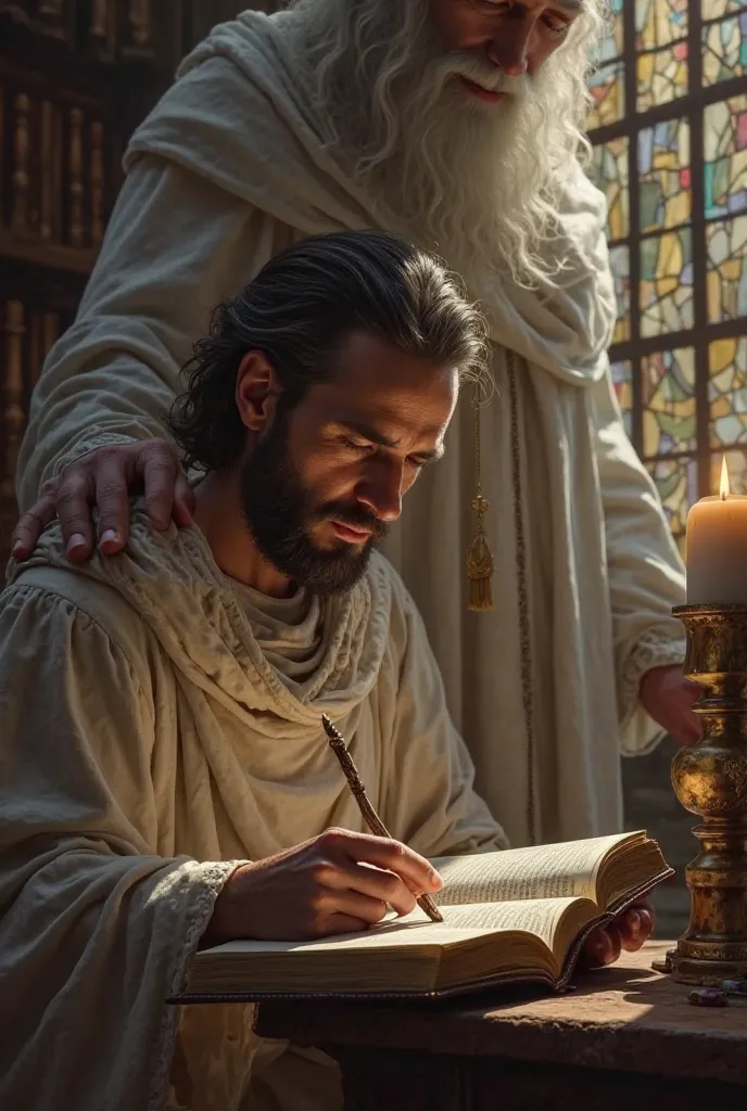 A reading the Bible and God at his side putting his hand on his shoulder 