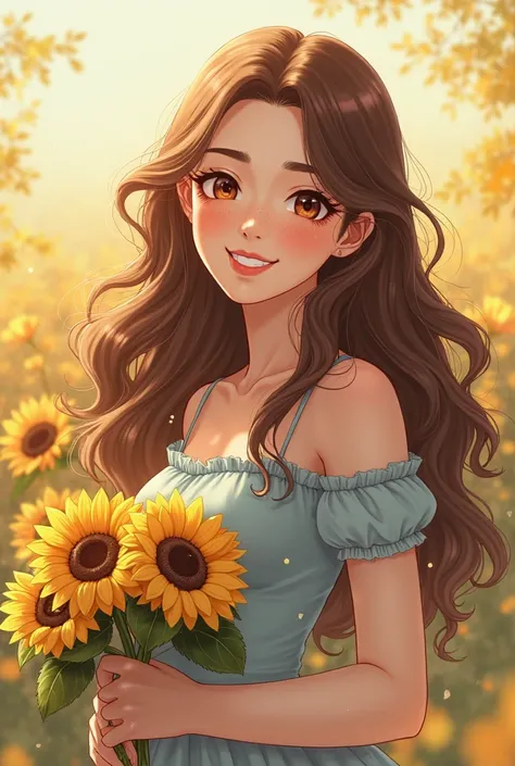 
Create a stunning realistic anime illustration of a woman with long, wavy brown hair, holding a bouquet of sunflowers. Soft sunlight bathes her face, creating a golden glow. She wears light blue sweet dress, and the background is softly blurred to emphasi...