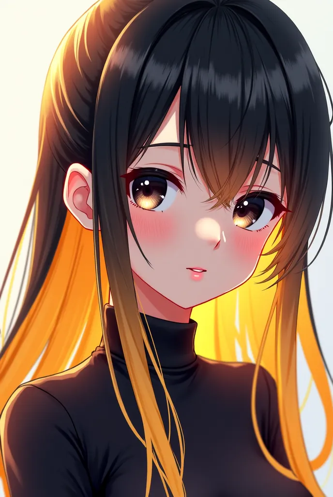 
Create anime black hair golden long hair woman with nice hush cut haircut, black blouse, slightly sexy, cute look, black eyes