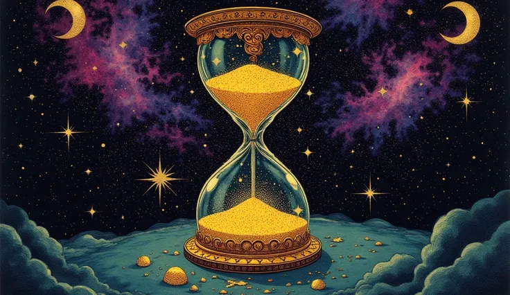 Create an image of a surreal hourglass, showcasing intricate details in its design with a swirling pattern on its frame. The hourglass should be filled with golden, shimmering particles, resembling stars, suspended in a cosmic environment full of vibrant n...