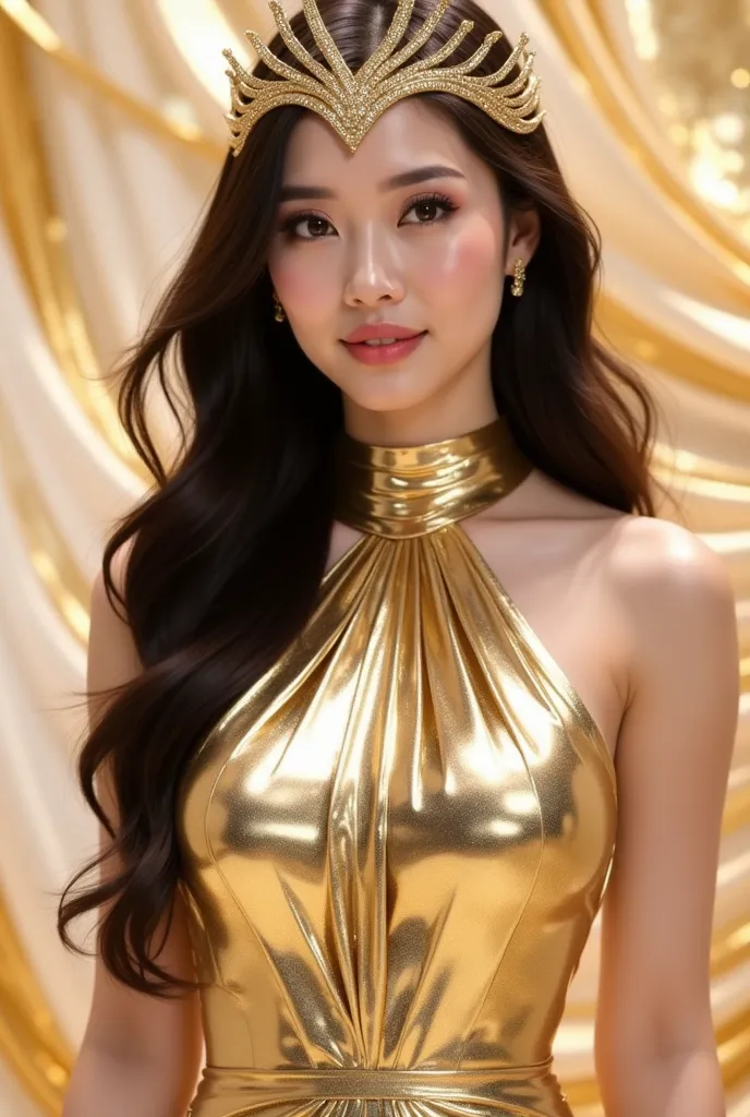 a woman in a stunning gold metallic gown that glimmers elegantly. The dress has a halter neckline and a fitted silhouette, accentuating her figure. She is wearing a golden crown-like headpiece with intricate details, complementing her overall regal appeara...