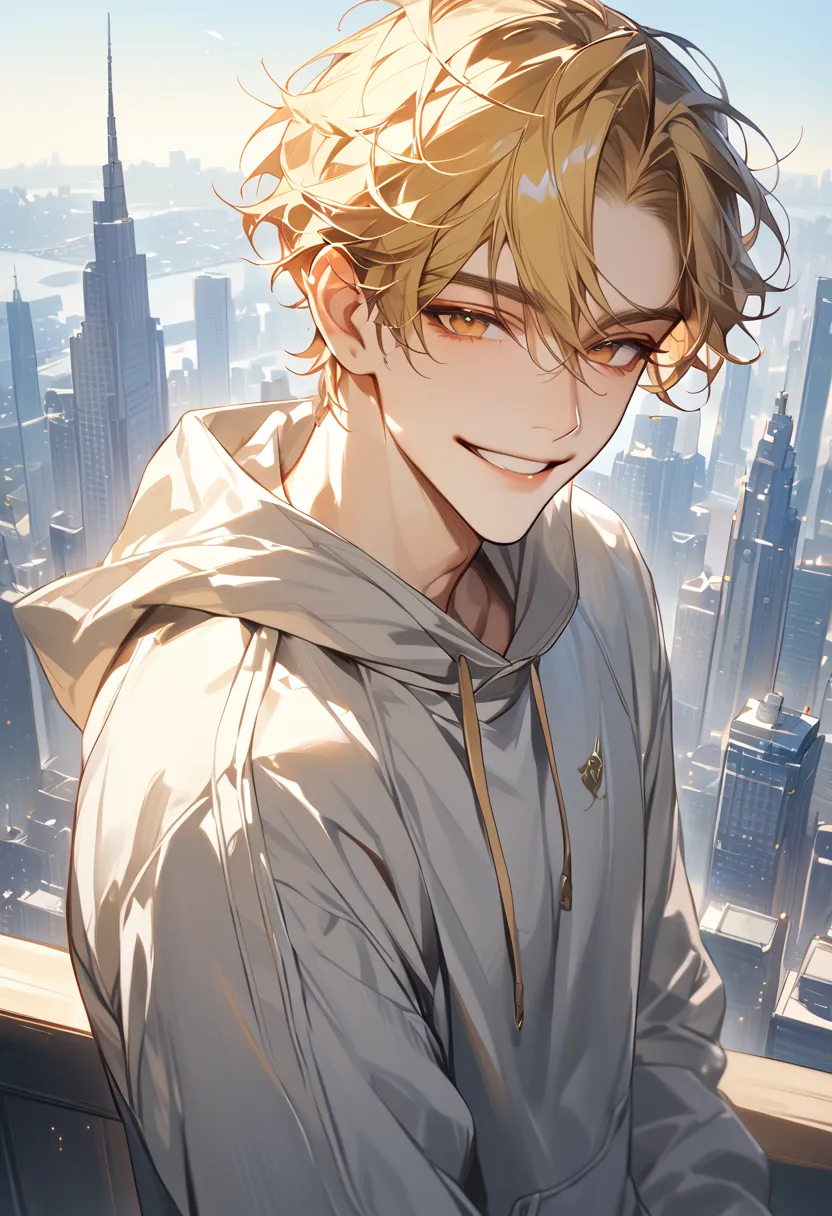 (Masterpiece, high resolution, best quality), solo, 1 male, 20-years old man, handsome, cheerful, short yellow hair, brown eyes, thin, grey sweatsuit, upper body, smile, looking at viewer, day of city background