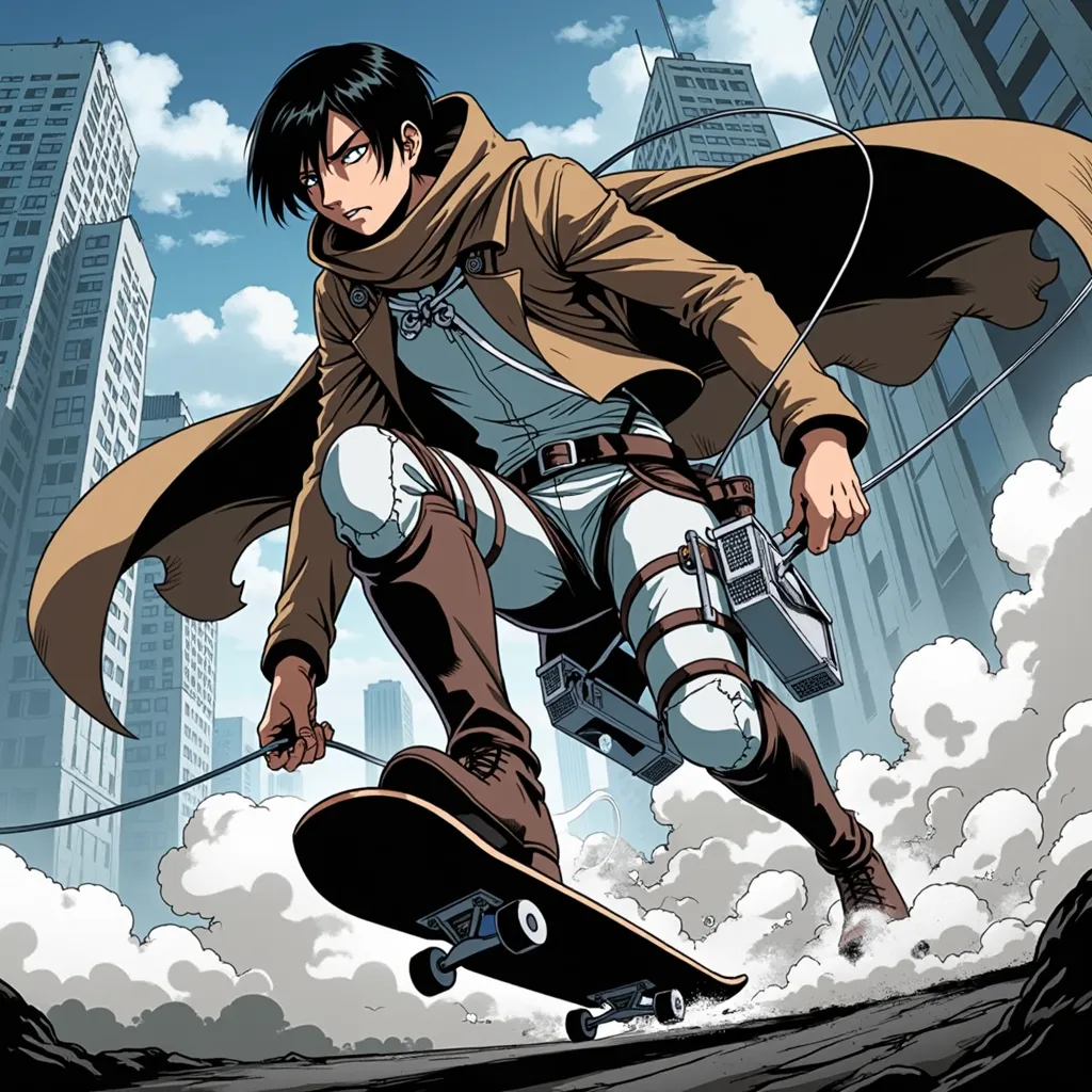 A dynamic anime-style character wearing a long, flowing cloak inspired by Attack on Titan, slightly modified with unique textures. The character is mid-air, gripping a single, tightly pulled grappling wire with both hands, arms fully extended forward as th...