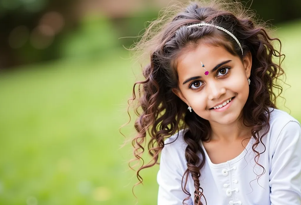 south indian 5 yr old girl in beautifull gown, portrait, young indian girl, detailed facial features, sitting pose, curious expression, long dark hair, traditional south indian gown, vibrant colors, intricate embroidery, delicate jewelry, natural lighting,...