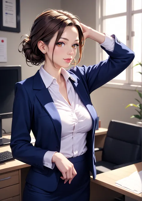 nsfw,office lady,one girl,long hair,straight hair ,brown hair,brown eyes,swept bangs,white shirt, dark blue skirt, dark blue jacket