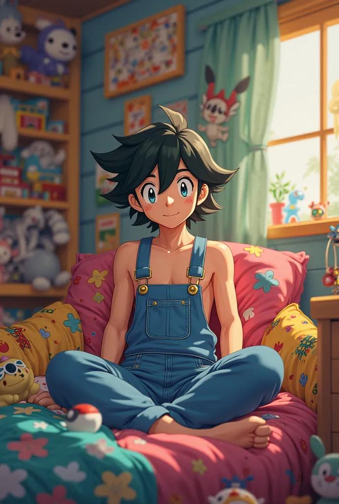 Ash Ketchum relaxing in his overalls shirtless colorful bedroom