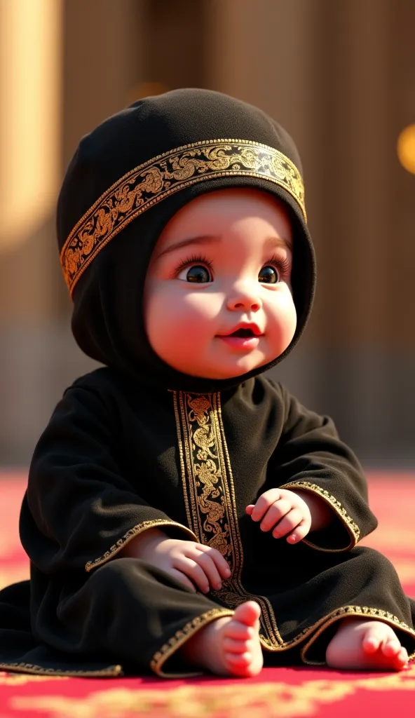 A chubby, fair-skinned baby in a rich black and pink Islamic robe, golden kufi hat with intricate designs, sitting near the Kaaba, eating after iftar, warm golden lighting, extremely detailed, photorealistic, AI-generated.